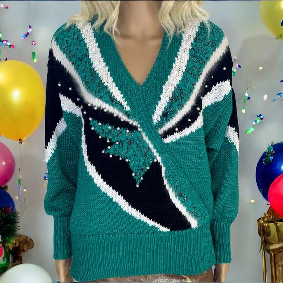 Vintage Sweater Geometric V Neck Green Glam by Sideffects M - Picture 2 of 9